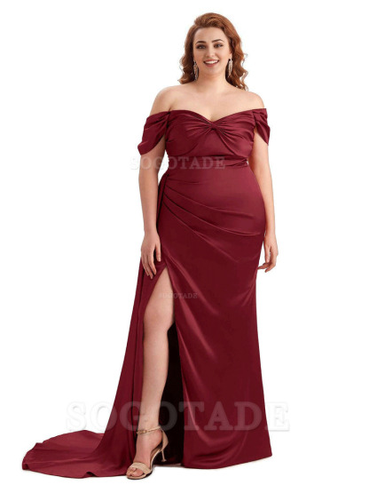  Sexy Side Slit Off The Shoulder Mermaid Soft Satin Long Plus Size Bridesmaid Dress For Wedding