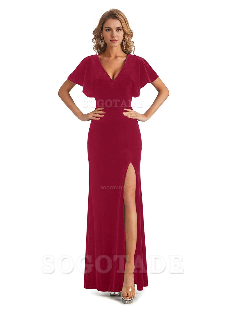 Mermaid Cultivate oneself V-Neck Short Sleeves Side Slit Velvet Long Elegant Simple Bridesmaid Dresses Formal Women's Dresses Wedding Guests Dresses