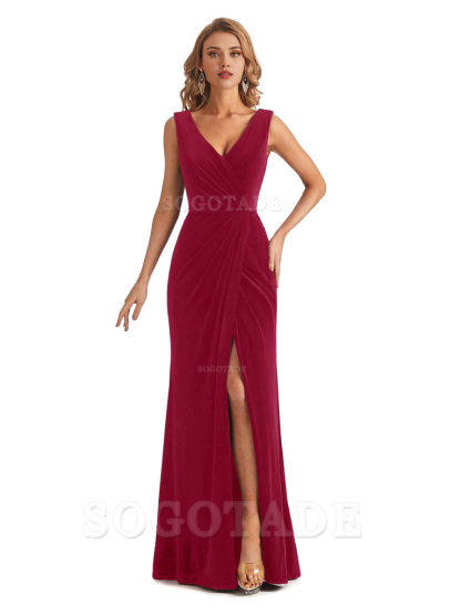 Sexy Deep V-Neck Sheath Velvet Side Slit Long Elegant Bridesmaid Dresses Formal Women's Dresses Wedding Guests Dresses