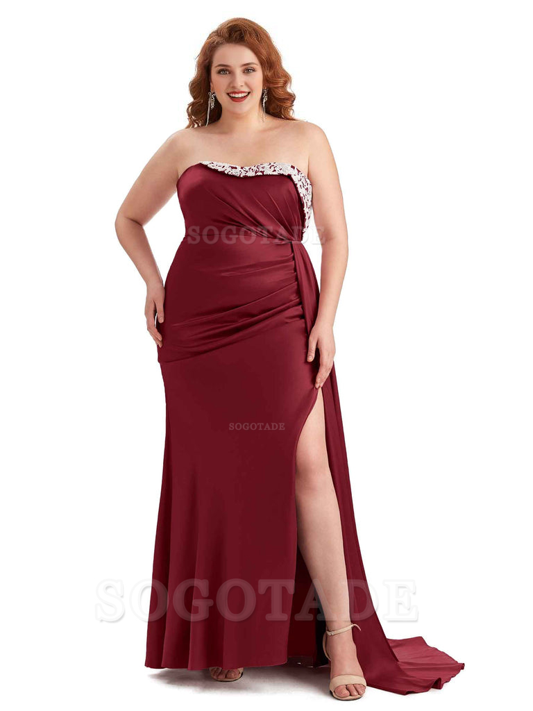 Sexy Side Slit Strapless Mermaid Lace Soft Satin Long Plus Size Maid of Honor Dresses