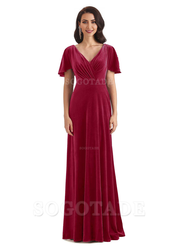 V-Neck Sexy See Through Short Sleeves Lace up Velvet Long Bridesmaid Dresses Formal Women's Dresses Wedding Guests Dresses