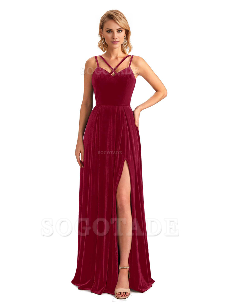 Sexy Side Slit Spaghetti Straps Unique Velvet Long Bridesmaid Dresses Online