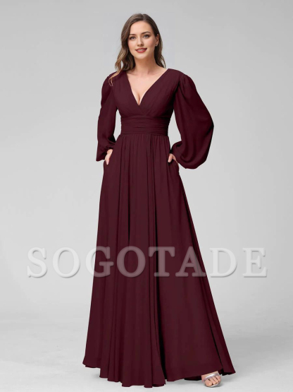 A-Line V-Neck Long Sleeves Long Chiffon Bridesmaid Dresses With Split Side Pockets