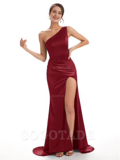 Sexy Soft Satin Side Slit One Shoulder Long Mermaid Bridesmaid Dresses Online prom shop dresses ﻿