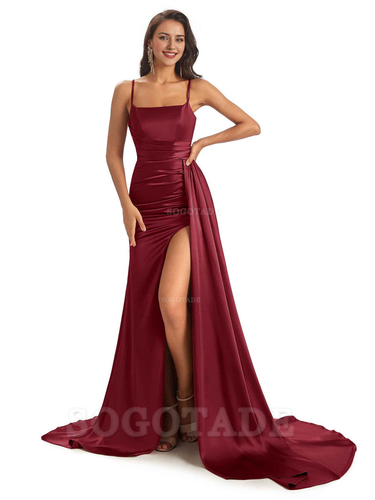 Sexy Soft Satin Side Slit Spaghetti Straps Long Mermaid Bridesmaid Dre