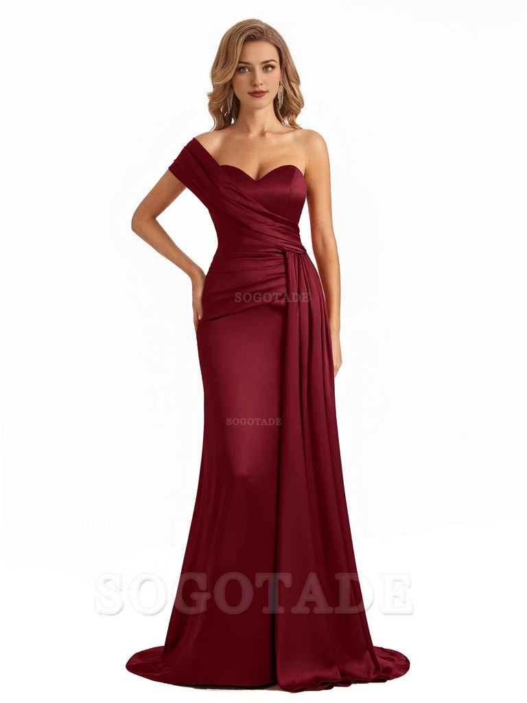 Elegant One Shoulder Soft Satin Long Mermaid Bridesmaid Dresses Online prom shop dresses ﻿