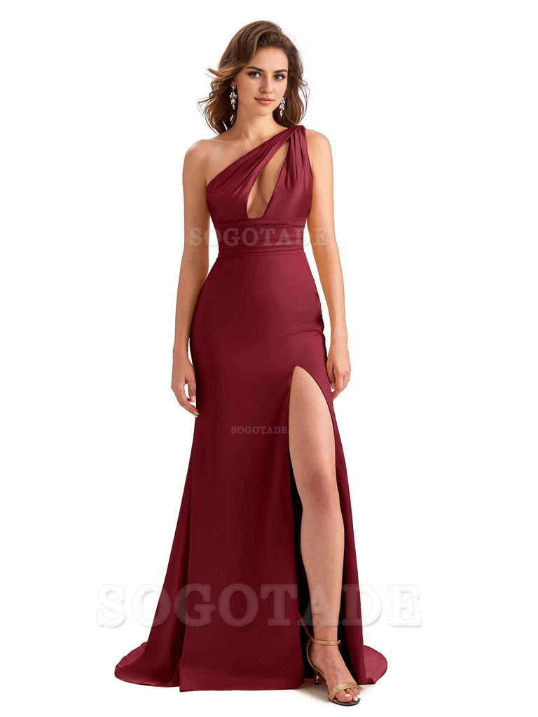 Charming Sexy Unique Side Slit Mermaid Silky One Shoulder Long Bridesmaid Dresses Formal Women's Dresses Wedding Guests Dresses