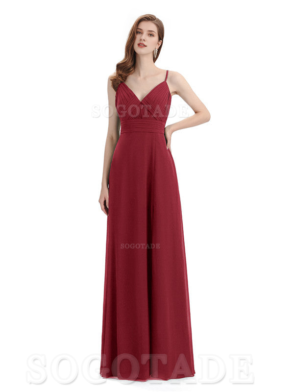 Chiffon V-Neck Spaghetti Strap Floor-Length Side Fork Long Bridesmaid Dresses Formal Women's Dresses Wedding Guests Dresses