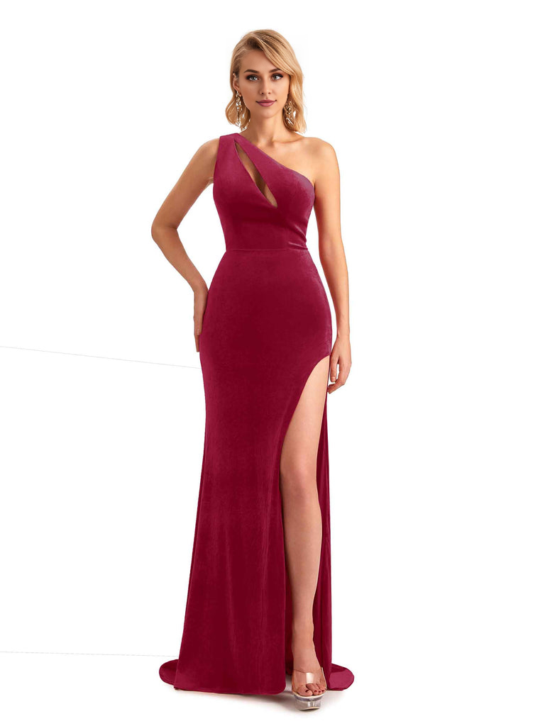 Sexy Sleeveless Floor Length Mermaid One Shoulder Side Slit Velvet Long Bridesmaid Dresses