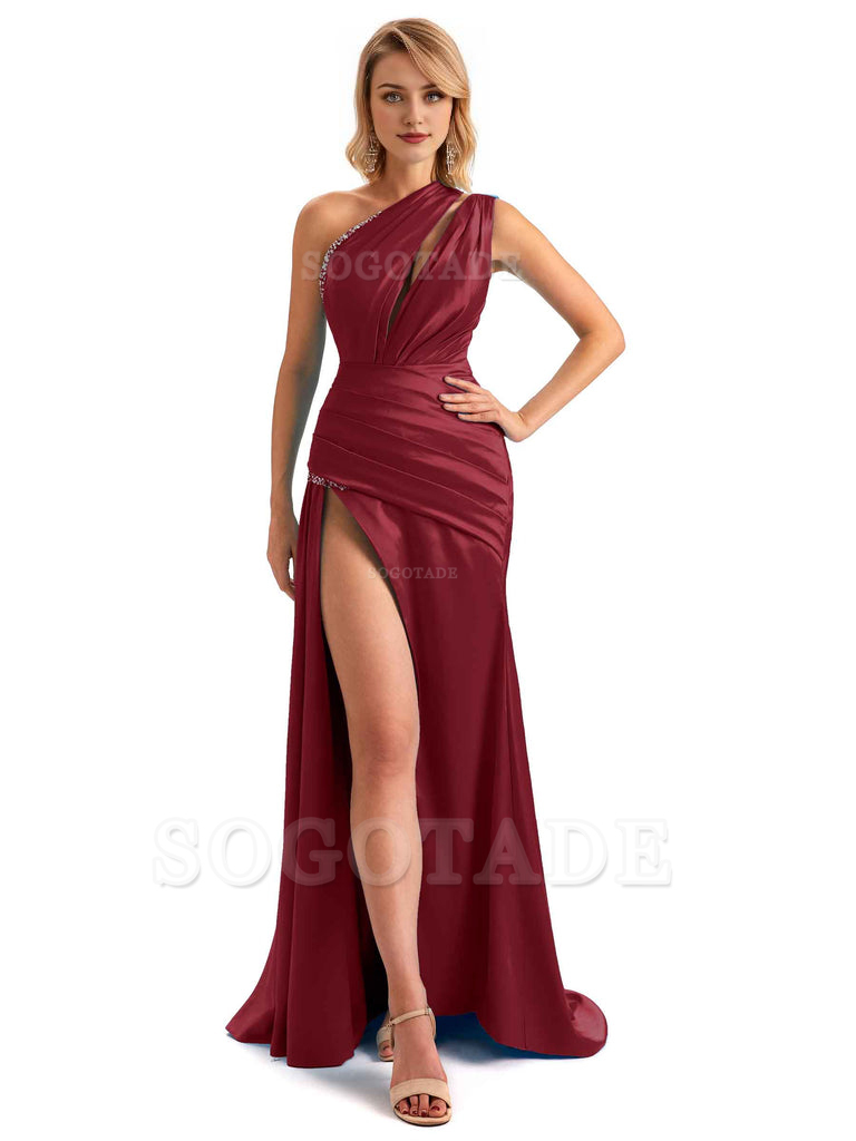 Elegant One Shoulder Side Hight Slit Mermaid Soft Satin Long Floor Length Bridesmaid Dress For Wedding