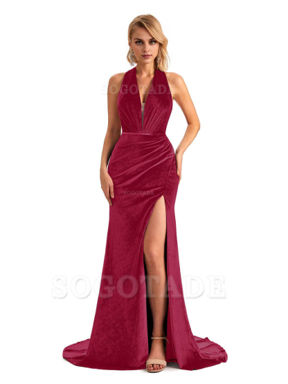 Sexy Deep V Neck Backless Mermaid Halter Side Slit Velvet Long Bridesmaid Dresses Online