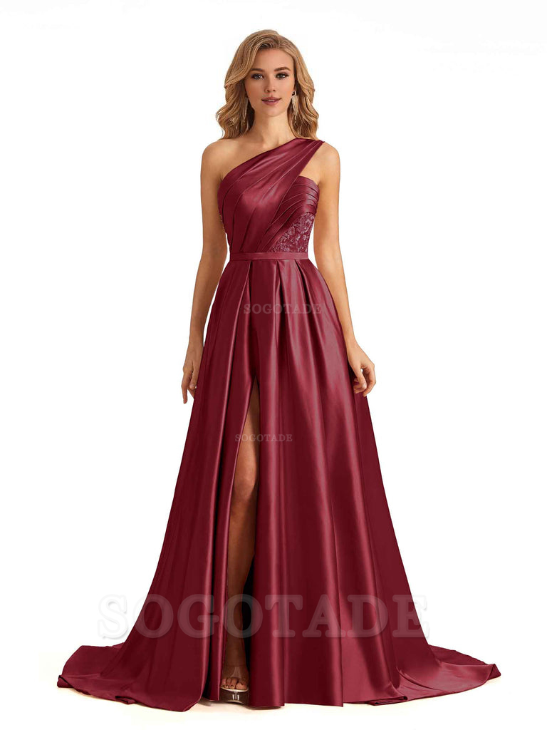 Sexy Side Slit One Shoulder A-Line Soft Satin Long Bridesmaid Dresses Online prom dress in store