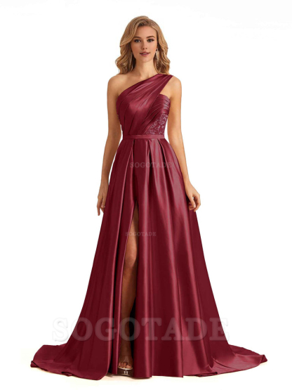 Sexy Side Slit One Shoulder A-Line Soft Satin Long Bridesmaid Dresses Online prom dress in store
