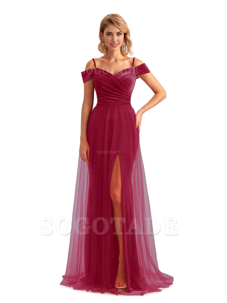 Elegant Mermaid Spaghetti Straps Floor Length Cold Shoulder Side Slit Tulle Velvet Long Bridesmaid Dresses