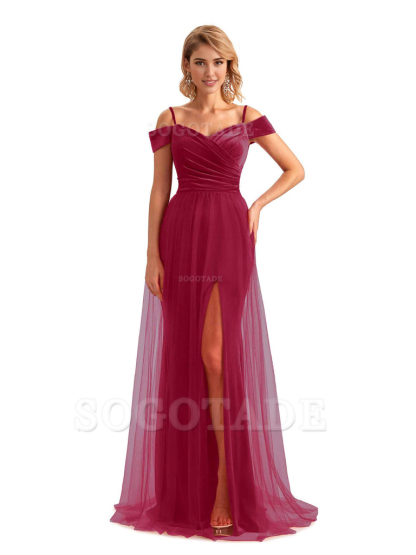 Elegant Mermaid Spaghetti Straps Floor Length Cold Shoulder Side Slit Tulle Velvet Long Bridesmaid Dresses