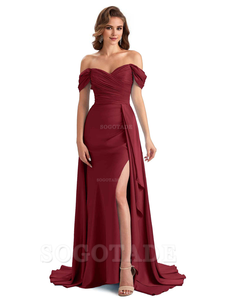 Sexy Side Slit Mermaid Soft Satin Off The Shoulder Long Unique Bridesmaid Dresses prom dress in store