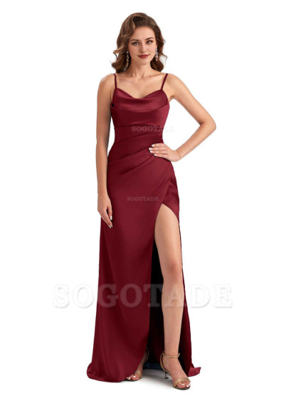 Soft Satin Side Slit Spaghetti Straps Sexy Wedding Bridesmaid Dresses