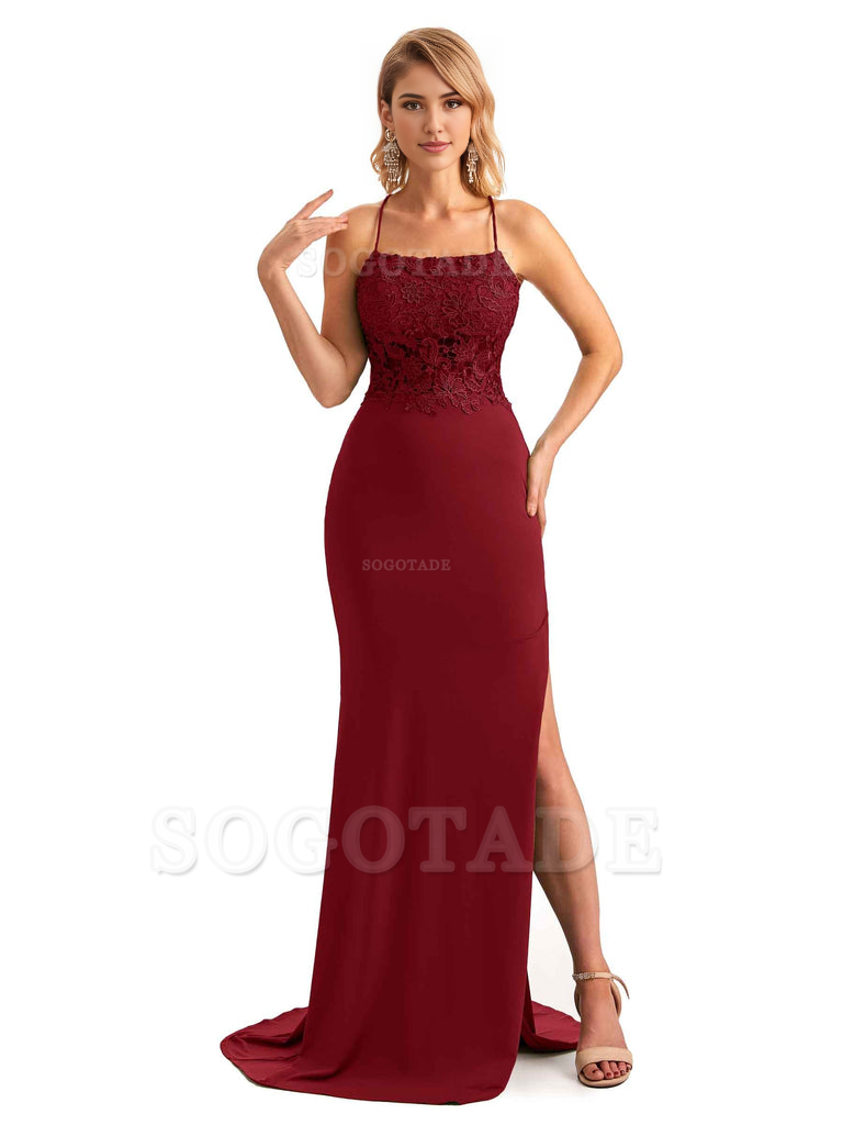 Sexy Side Slit Spaghetti Straps Open Back Mermaid Lace Applique Long Formal Bridesmaid Dresses