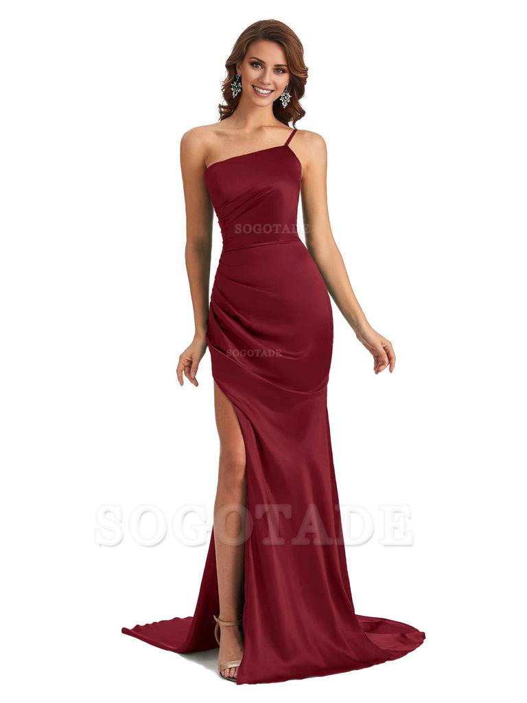 Sexy Silky Satin Side Slit One Shoulder Unique Long Wedding Guest Maxi Dresses