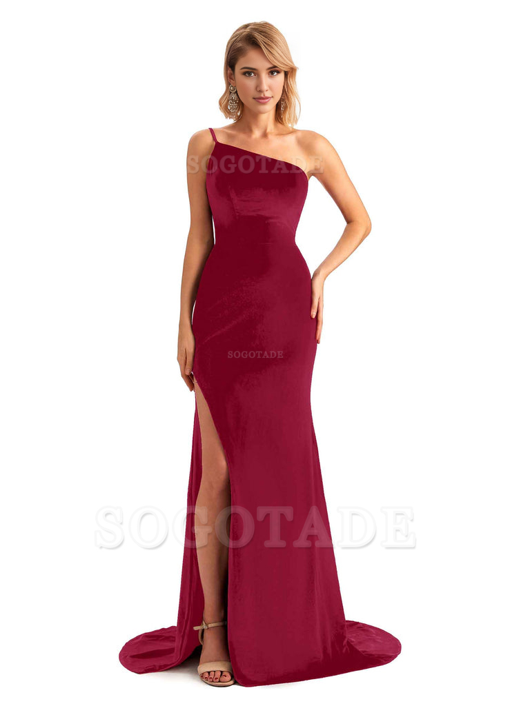 Sexy Side Slit Mermaid Spaghetti Straps One Shoulder Formal Velvet Long Bridesmaid Dresses