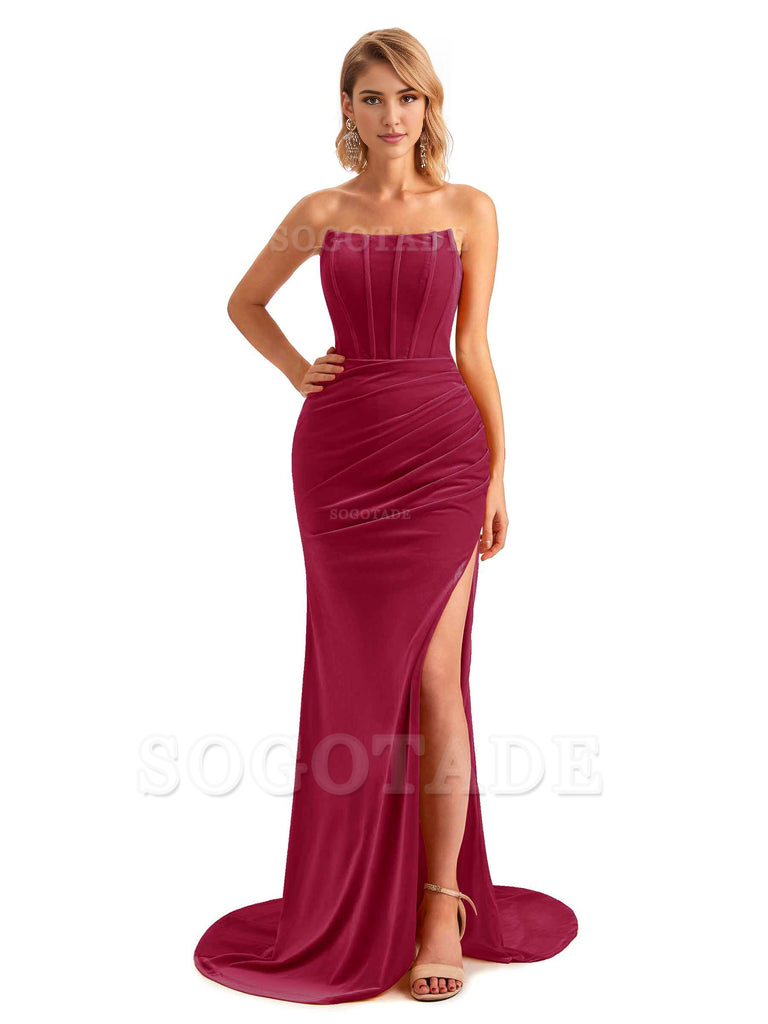  Sexy Side Hight Slit Sleeveless Mermaid Strapless Velvet Long Bridesmaid Dresses Online