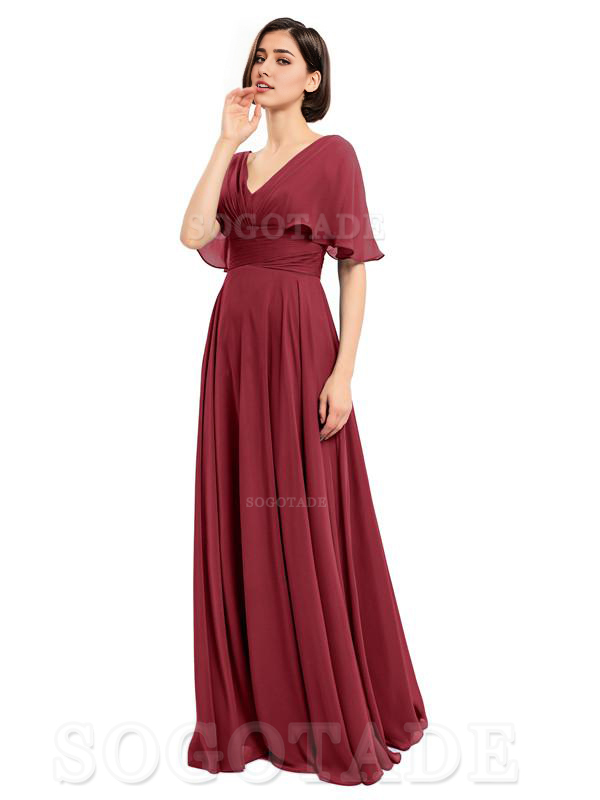  V-Neck Cap Sleeves Sleeves Chiffon Long Elegant Bridesmaid Dresses Formal Wear Dresses