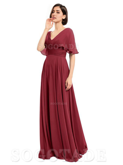  V-Neck Cap Sleeves Sleeves Chiffon Long Elegant Bridesmaid Dresses Formal Wear Dresses