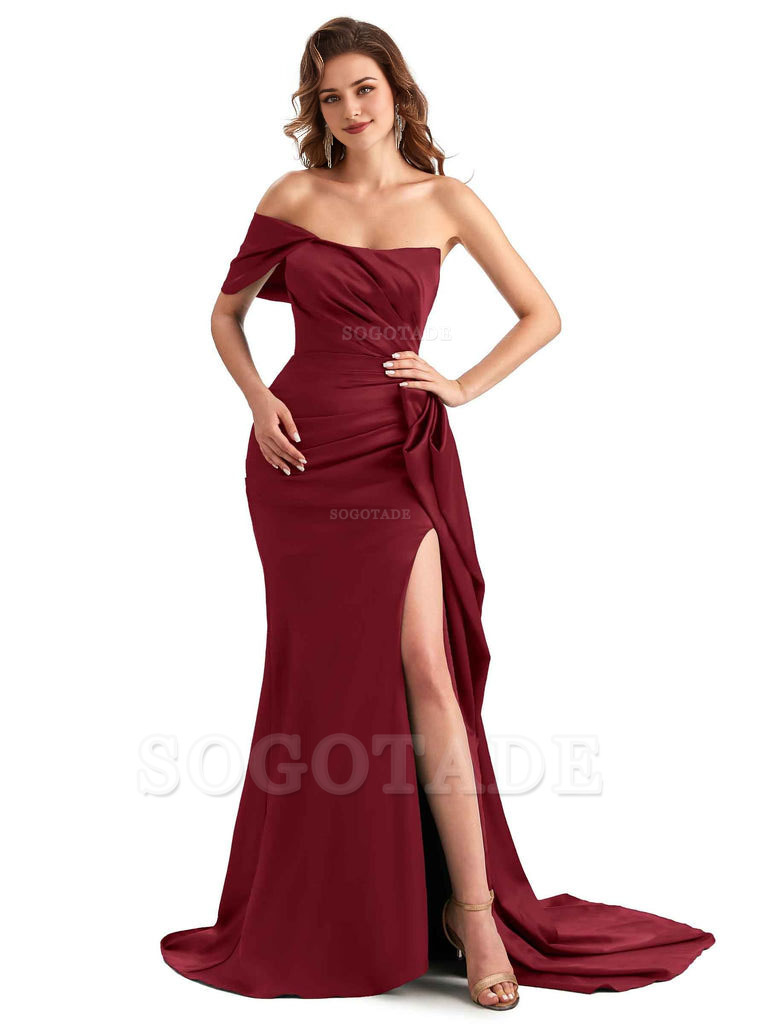 Sexy Side Slit Mermaid Silky Satin One Shoulder Chic Long Maid Of Honor Dresses