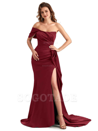 Sexy Side Slit Mermaid Silky Satin One Shoulder Chic Long Maid Of Honor Dresses
