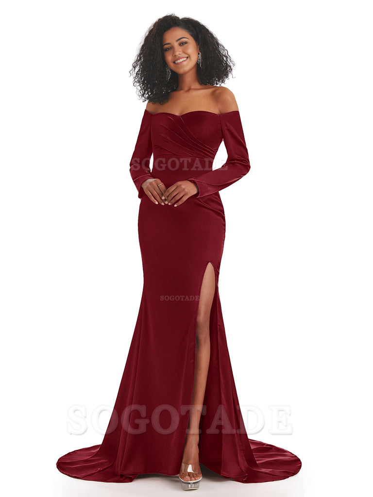 Mermaid Long Sleeve Satin formal dresses evening gown Bridesmaid Dresses With Side Slit 
