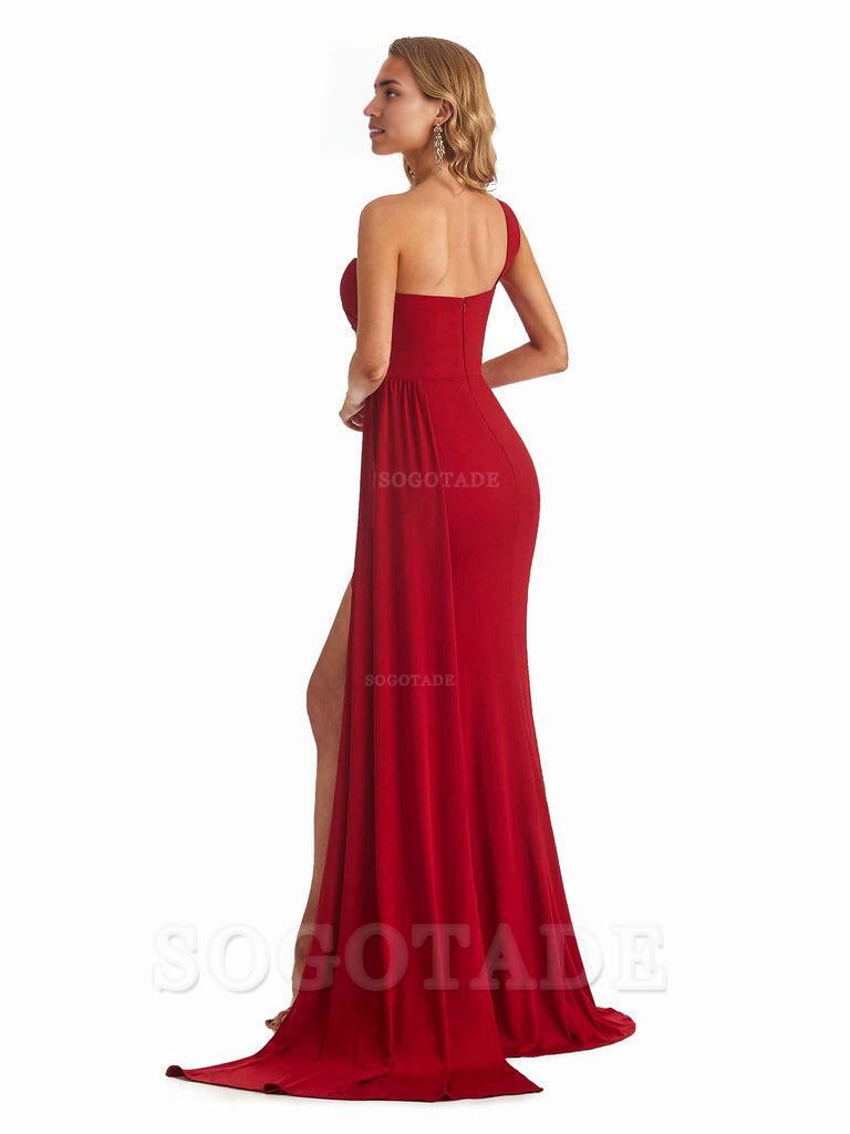 Sexy Mermaid One Shoulder Side Slit Stretchy Jersey Long Formal Bridesmaid Dresses Elegant Evening Party Dress