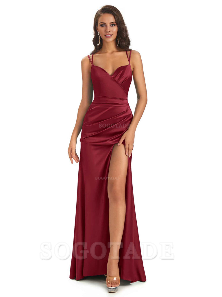 Sexy Soft Satin Side Slit Spaghetti Straps Long Maxi Mermaid Bridesmaid Dresses Elegant Evening Party Dress