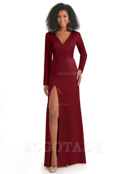 Soft Satin Side Slit Long Sleeves V-Neck Long African Mermaid Bridesmaid Dresses Elegant Evening Party Dress