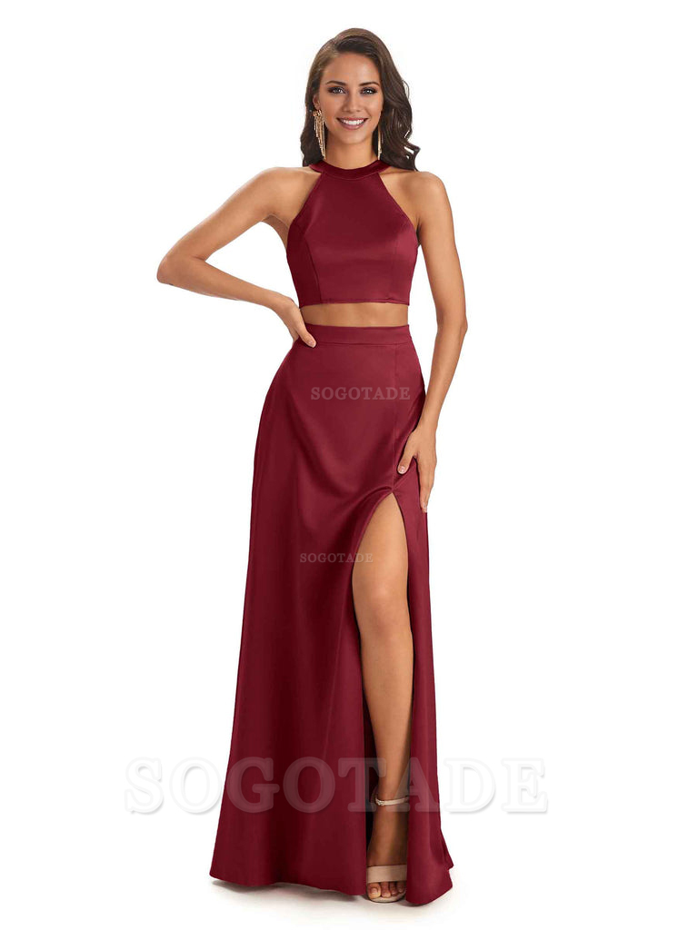 Soft Satin Two-Pieces Halter Side Slit Sexy Fashion Bridesmaid Dresses Charming Evening Party Dress