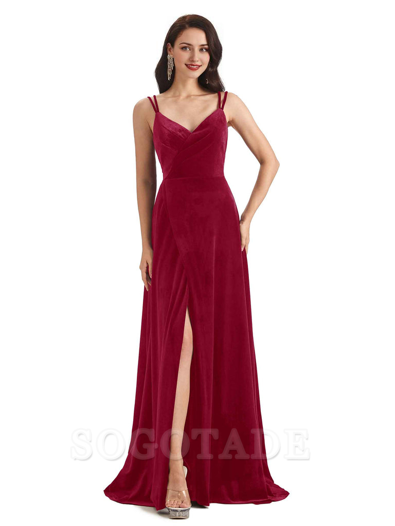 Sexy Velvet Long Bridesmaid Dresses Spaghetti Straps Open Back with Side Slit
