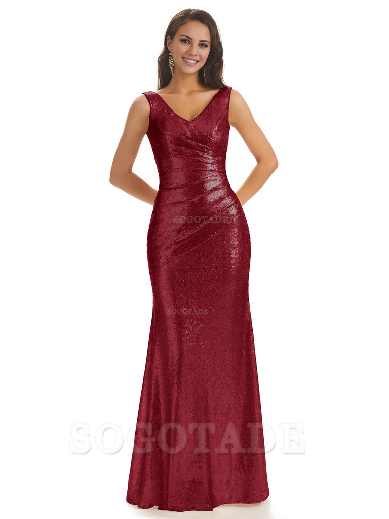 Sexy Sequin V-Neck Sparkly Long Mermaid Bridesmaid Dresses Charming Evening Party Dress