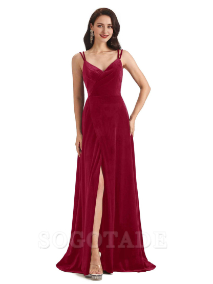 Sexy Velvet Long Bridesmaid Dresses Spaghetti Straps Open Back with Side Slit