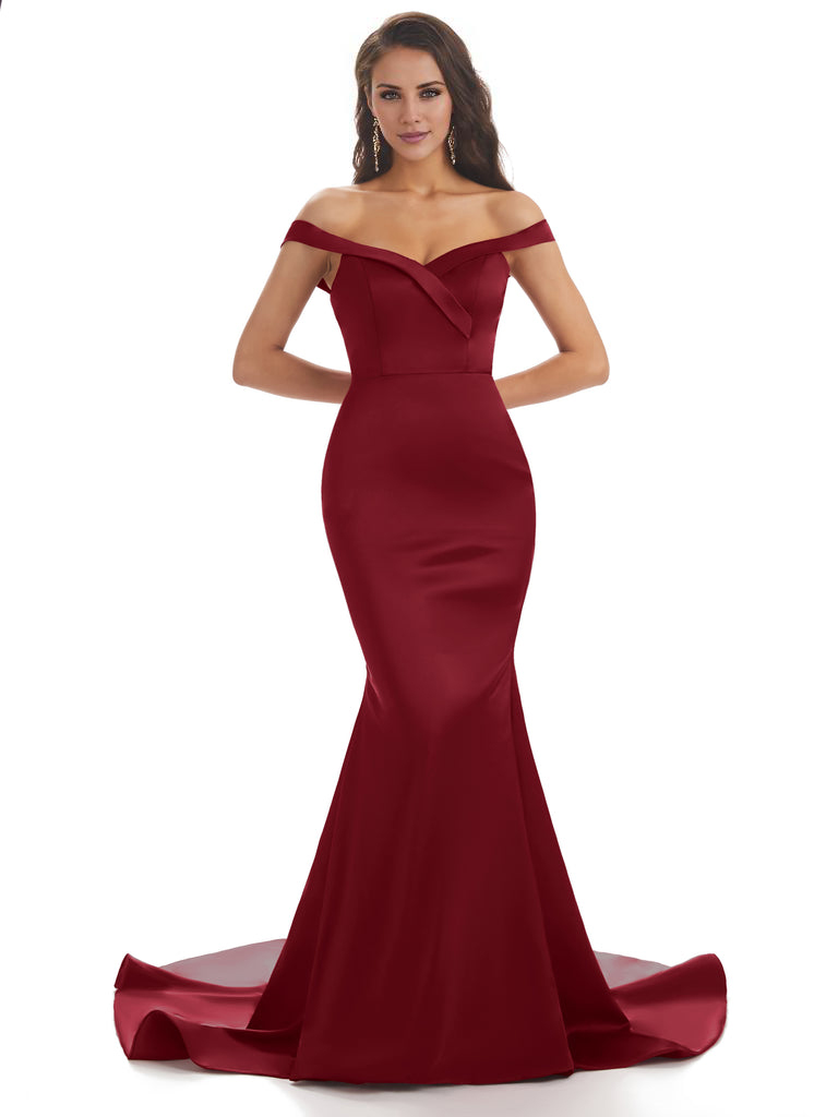 Elegant Off The Shoulder Soft Satin Mermaid Long Bridesmaid Dresses Charming Evening Party Dress