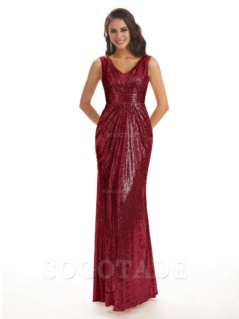 Sparkly V-Neck Sequin Long Mermaid Bridesmaid Dresses Sleeveless Charming Evening Party Dress
