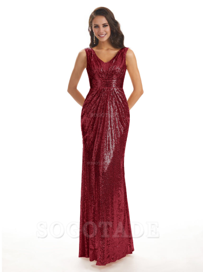 Sparkly V-Neck Sequin Long Mermaid Bridesmaid Dresses Sleeveless Charming Evening Party Dress