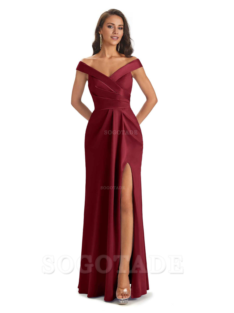 Sexy Soft Side Slit Off Shoulder V-Neck Long Satin Ladies Bridesmaid Dresses Elegant Evening Party Dress
