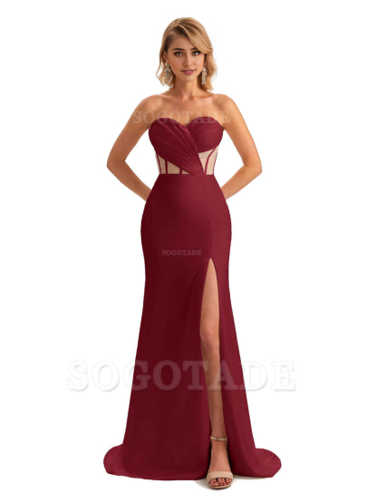 Sexy Sweetheart Strapless Side Slit Mermaid Soft Satin Unique Long Bridesmaid Dress For Wedding