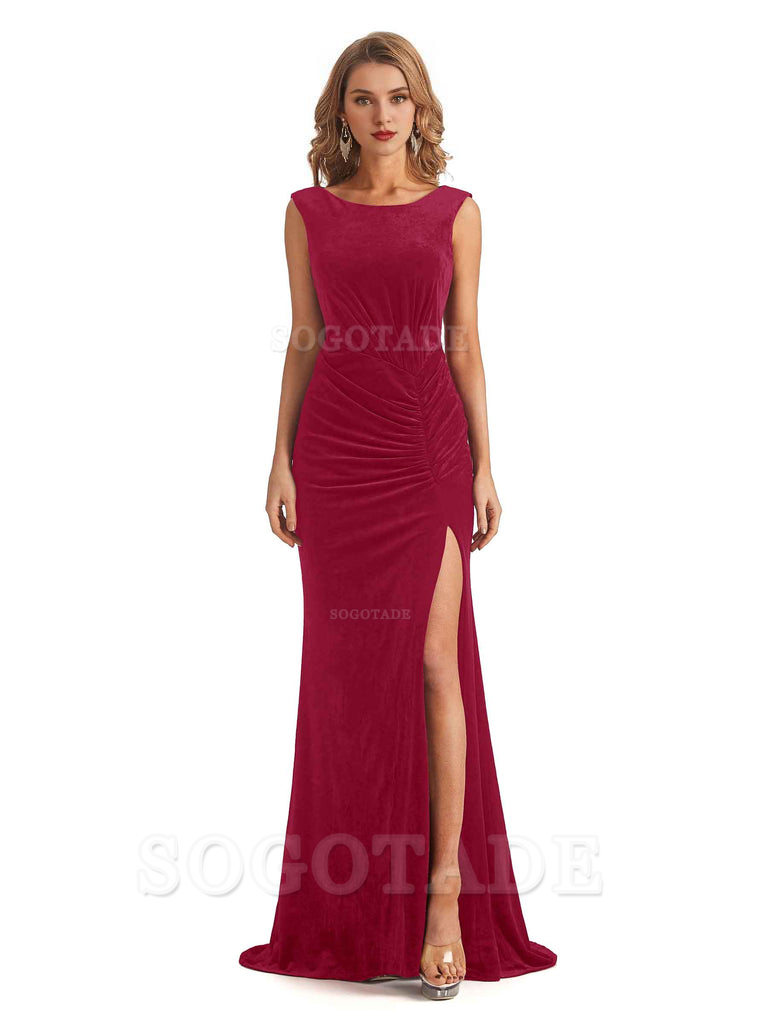 Sexy Open Back Mermaid Velvet Jewel High Split Maxi Long Bridesmaid Dresses Online
