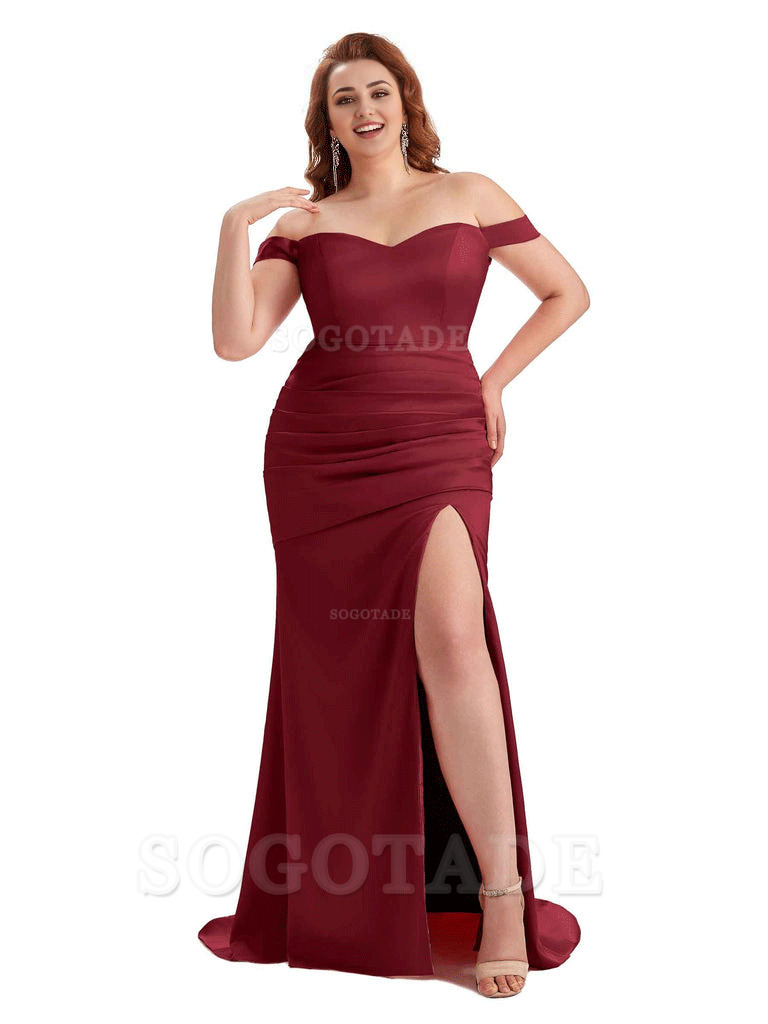 Sexy Mermaid Off The Shoulder Side Slit Soft Satin Long Plus Size Wedding Party Dresses