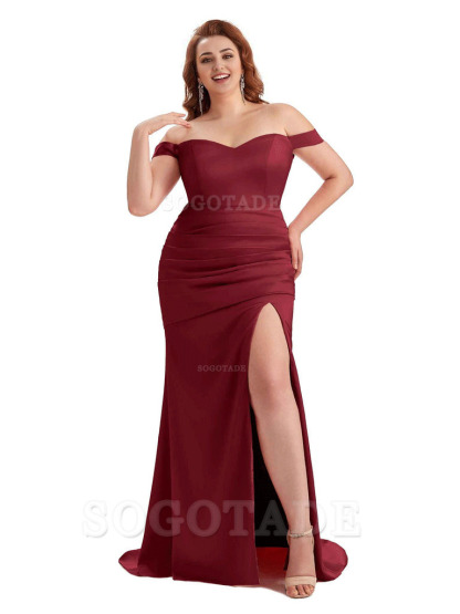 Sexy Mermaid Off The Shoulder Side Slit Soft Satin Long Plus Size Wedding Party Dresses