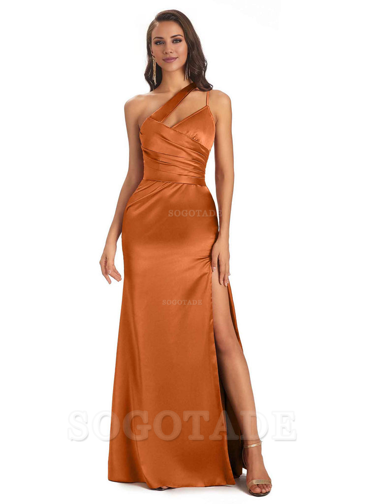 Elegant Soft Satin Side Slit One Shoulder Floor-Length Maxi Bridesmaid Dresses Evening Party Dress