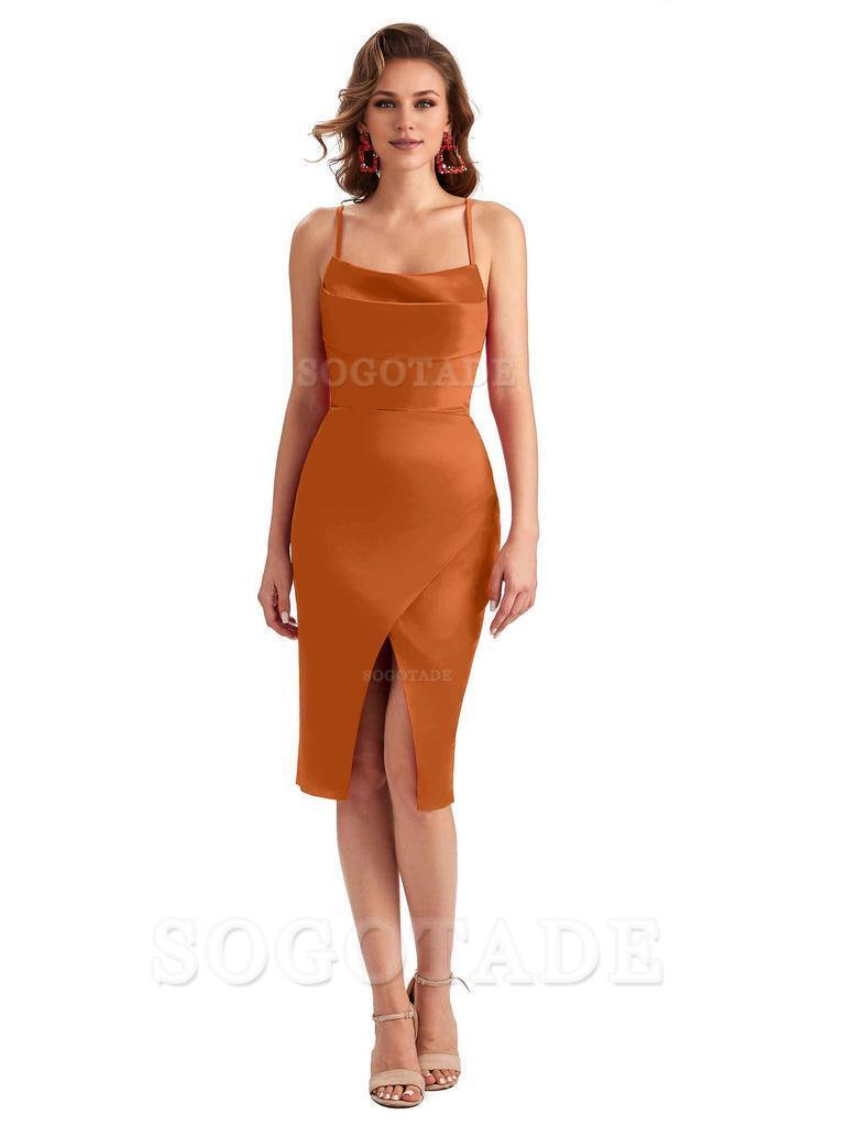 Elegant Spaghetti Straps Mermaid Soft Satin Knee Length Short Bridesmaid Dresses