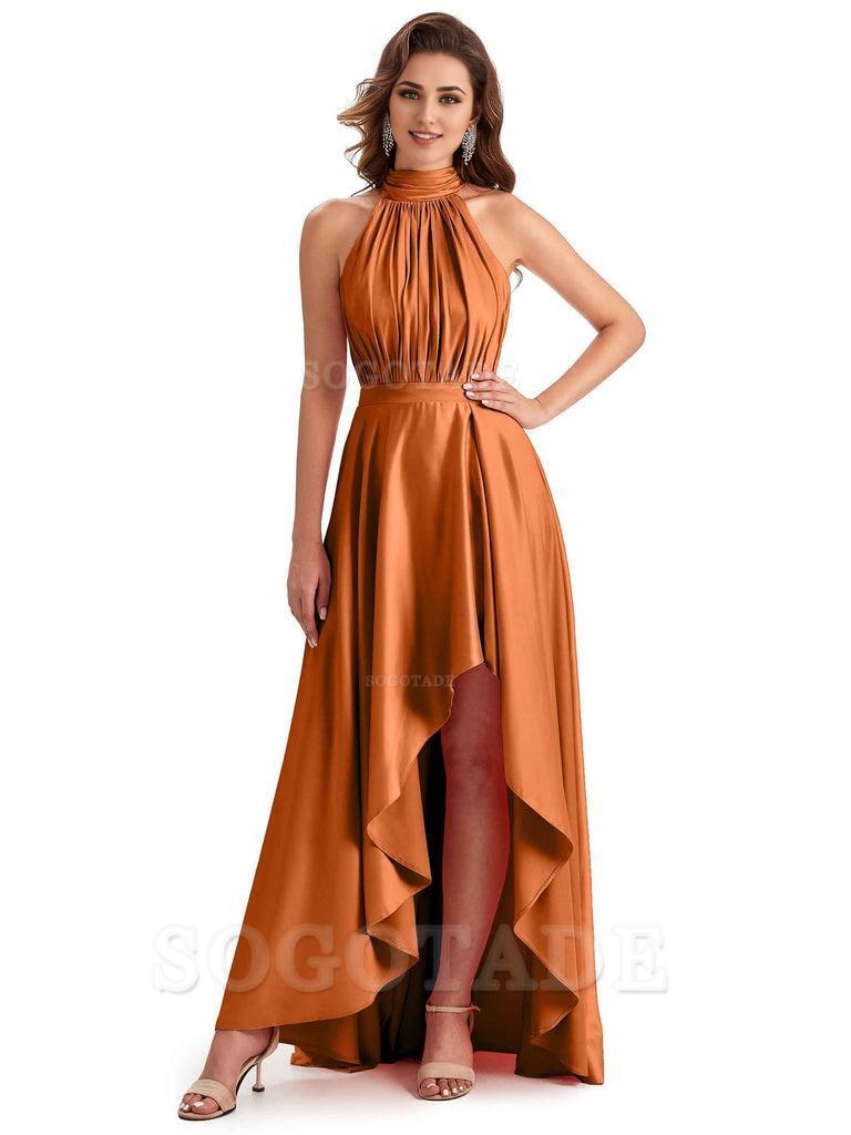 Soft Satin High Neck High Low A-Line Unique Bridesmaid Dresses Online