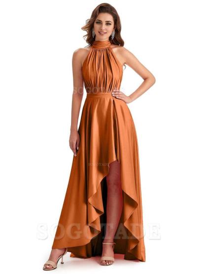 Soft Satin High Neck High Low A-Line Unique Bridesmaid Dresses Online