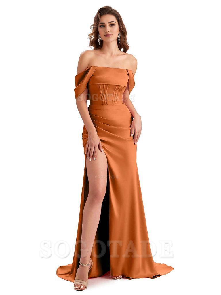 Sexy Side Slit Mermaid Soft Satin Off The Shoulder Unique Long Wedding Attendee Dresses